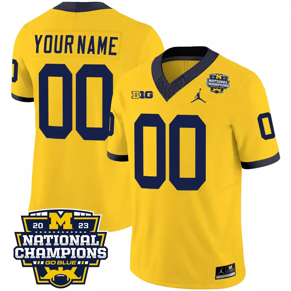 Custom Michigan Wolverines Jersey Yellow National Champions 2023 Big Men Navy Blue