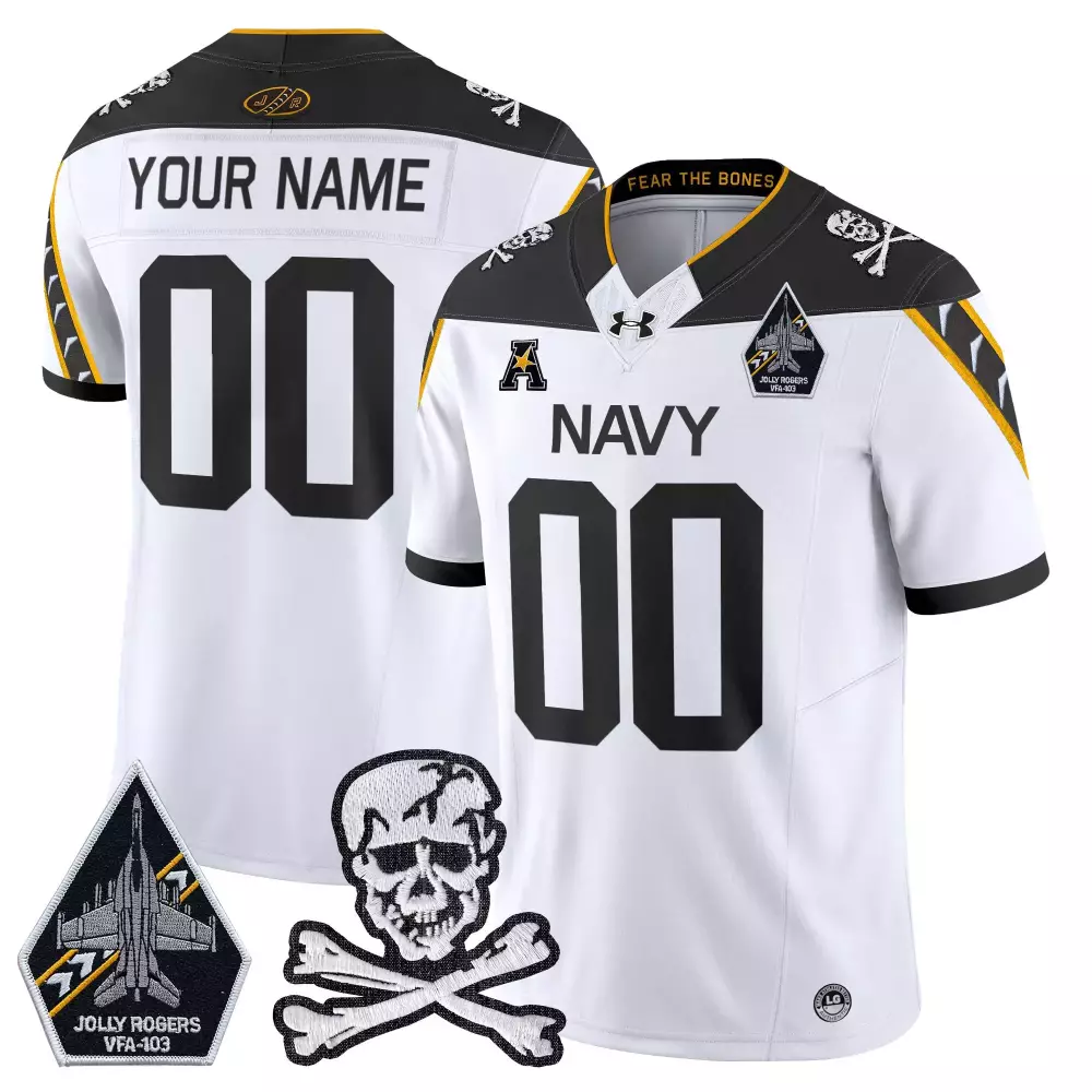 Custom Navy Jersey White Jolly Rogers VFA-103 Skull Crossbones Men Stitched Black
