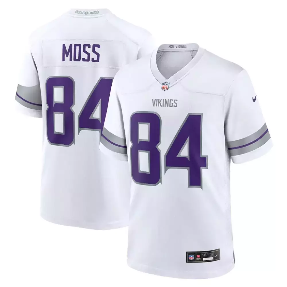 Randy Moss 84 Minnesota Vikings Jersey White Men Stitched Alternate Purple Gray Retired