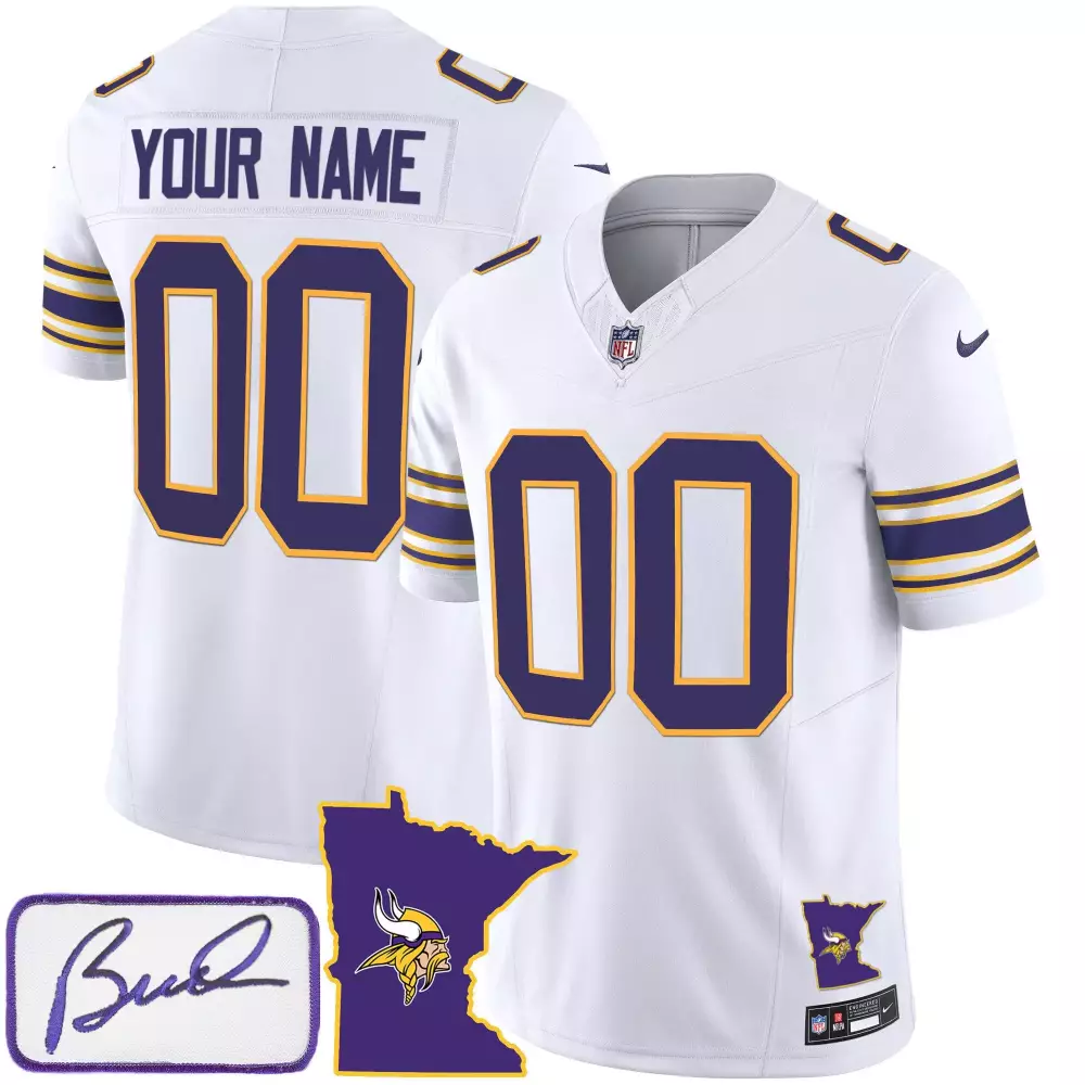 Custom Minnesota Vikings Jersey White Bud Grant Signature State Outline Men Replica