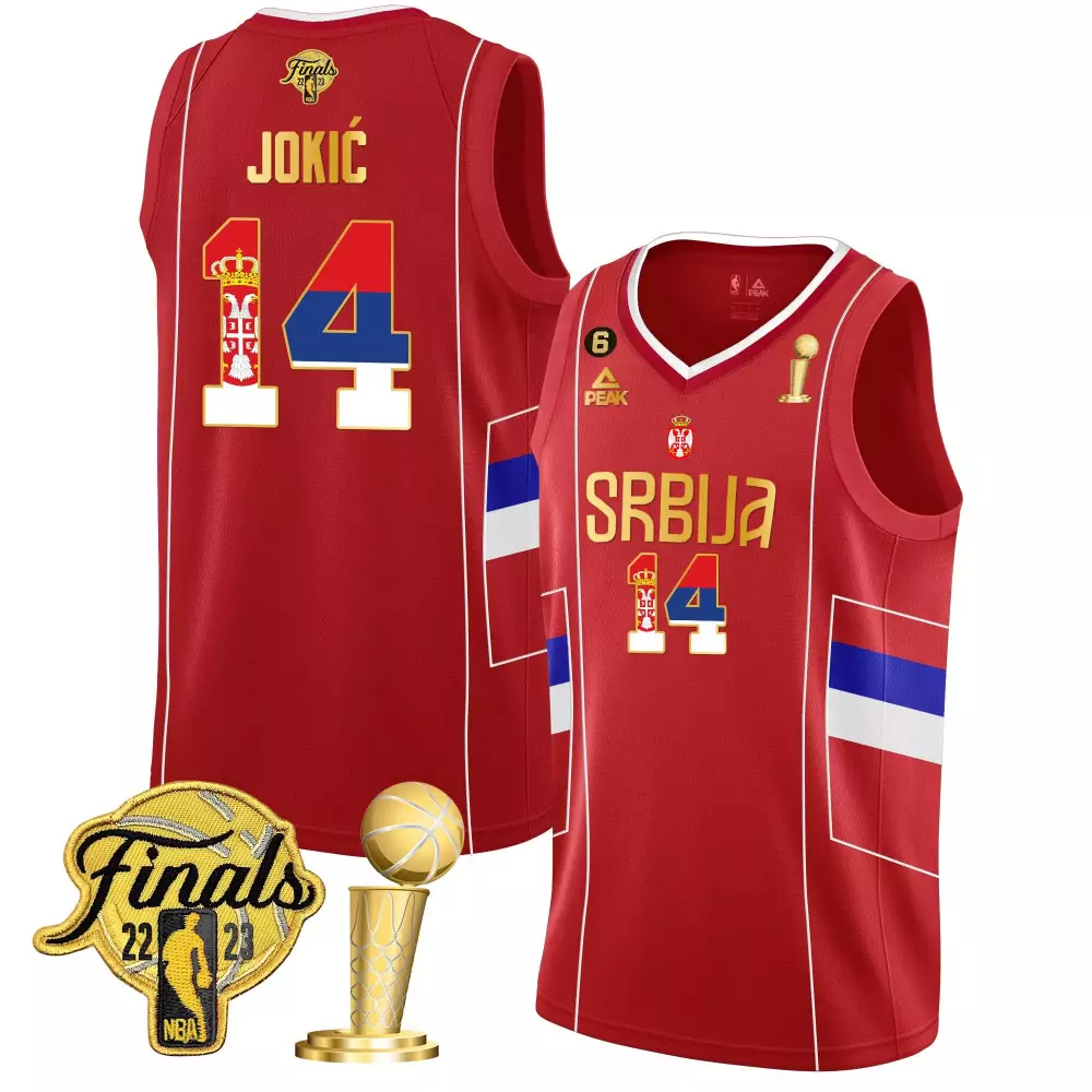 Nikola Jokic 14 Serbia Jersey Red Finals 2023 Men Authentic White Blue All Stitched