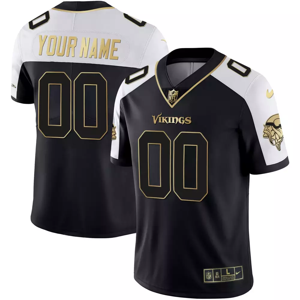 Custom Minnesota Vikings Jersey Black Men Authentic Alternate White Gold All Stitched