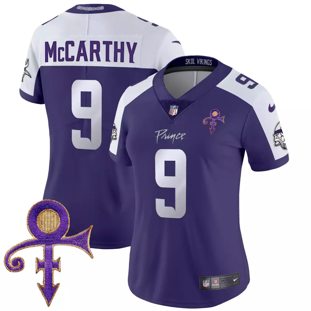 J.j. Mccarthy 9 Minnesota Vikings Jersey Purple Prince Symbol Women Authentic Alternate