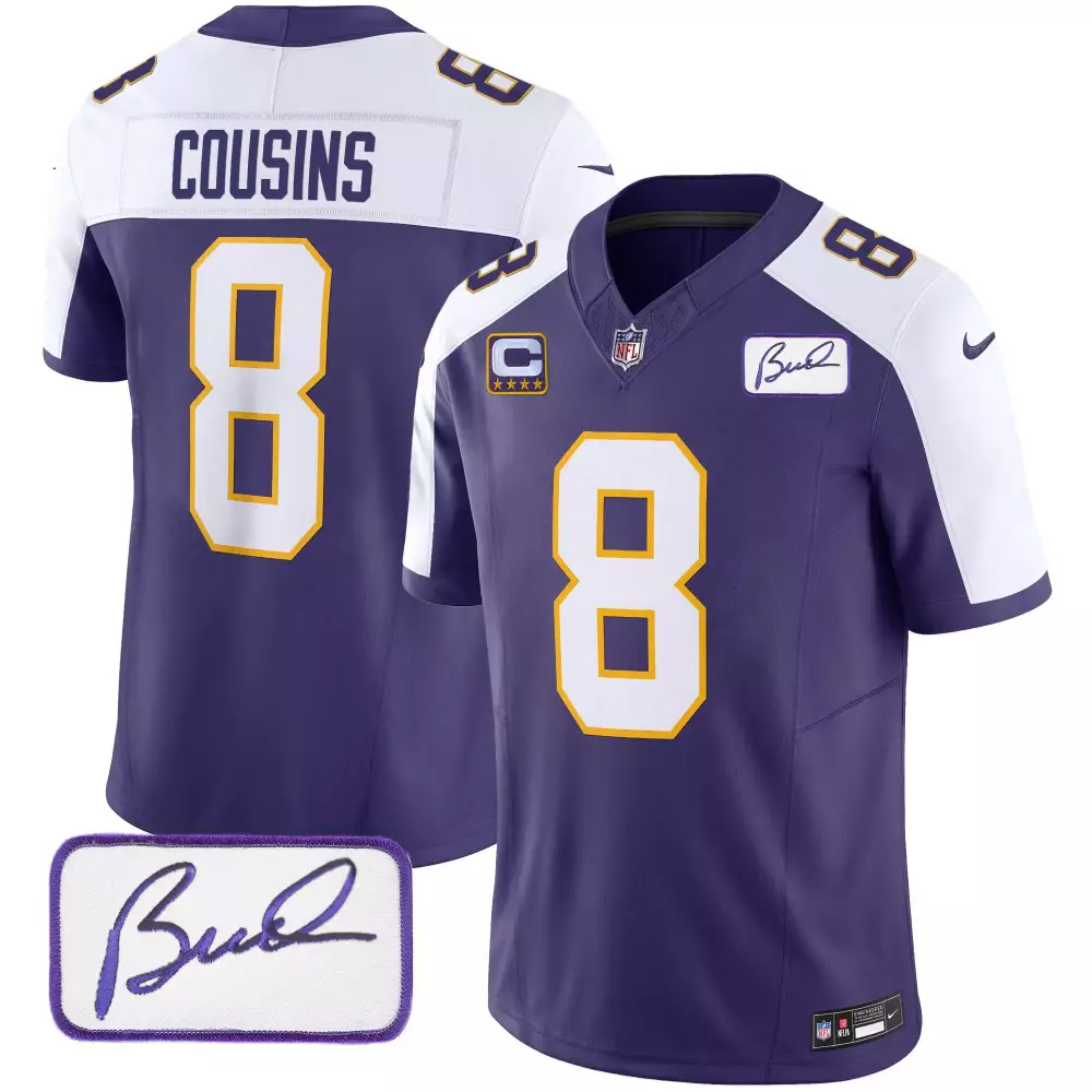 Kirk Cousins 8 Minnesota Vikings Jersey Purple Men Stitched White Gold Alternate