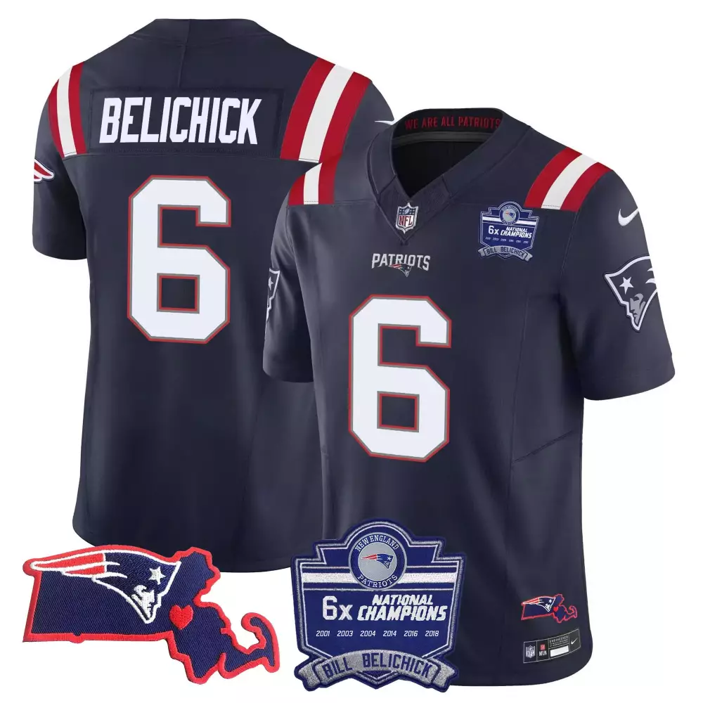Bill Belichick 6 Jersey Navy Null New England Patriots 6x National Champions Men