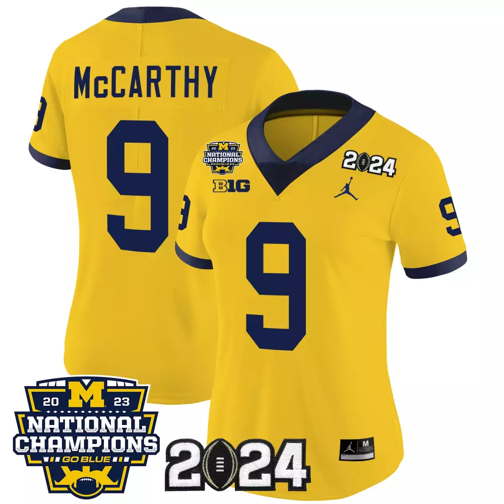 Jj Mccarthy 9 Michigan Wolverines Jersey Yellow 2024 National Champions 2023 Big 10