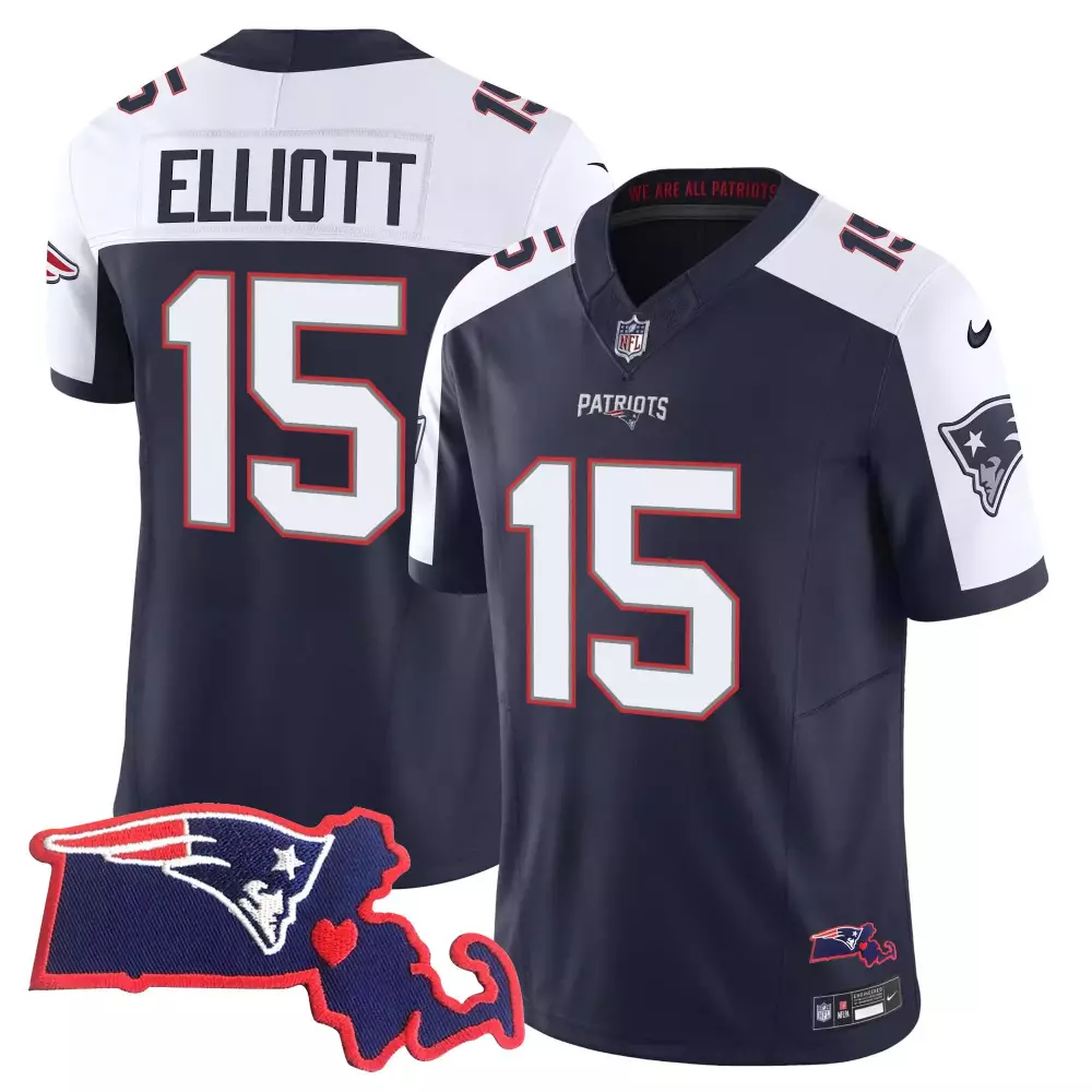 Ezekiel Elliott 15 Jersey Navy Blue City Connect New England Patriots Massachusetts State Outline Heart