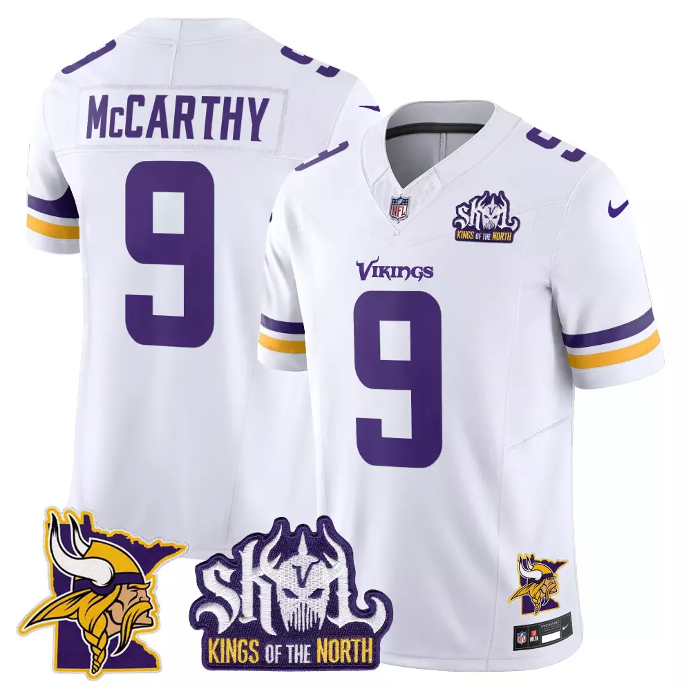 Jj Mccarthy 9 Minnesota Vikings Jersey White Kings Of The North Skull Men Stitched