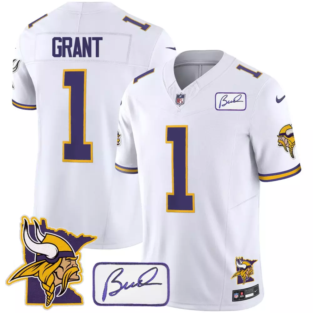Bud Grant 1 Minnesota Vikings Jersey White Men Stitched Alternate Purple Gold Classic