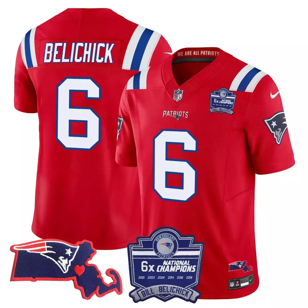 Bill Belichick 6 Jersey Red 6x Champions New England Patriots Massachusetts Outline