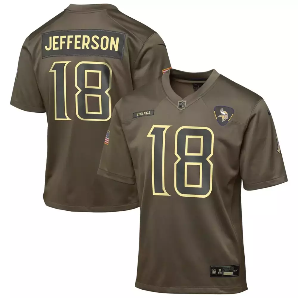 Justin Jefferson 18 Jersey Olive Green Salute To Service Minnesota Vikings Men Limited