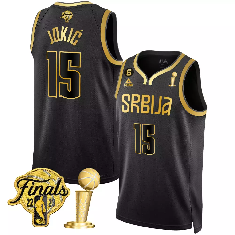 Nikola Jokic 15 Serbia Jersey Black Finals 2023 Men Authentic Gold All Stitched