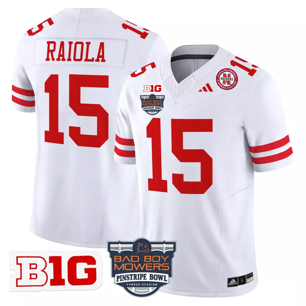 Dylan Raiola 15 Jersey White Bad Boy Mowers Pinstripe Bowl Nebraska Cornhuskers Big Ten