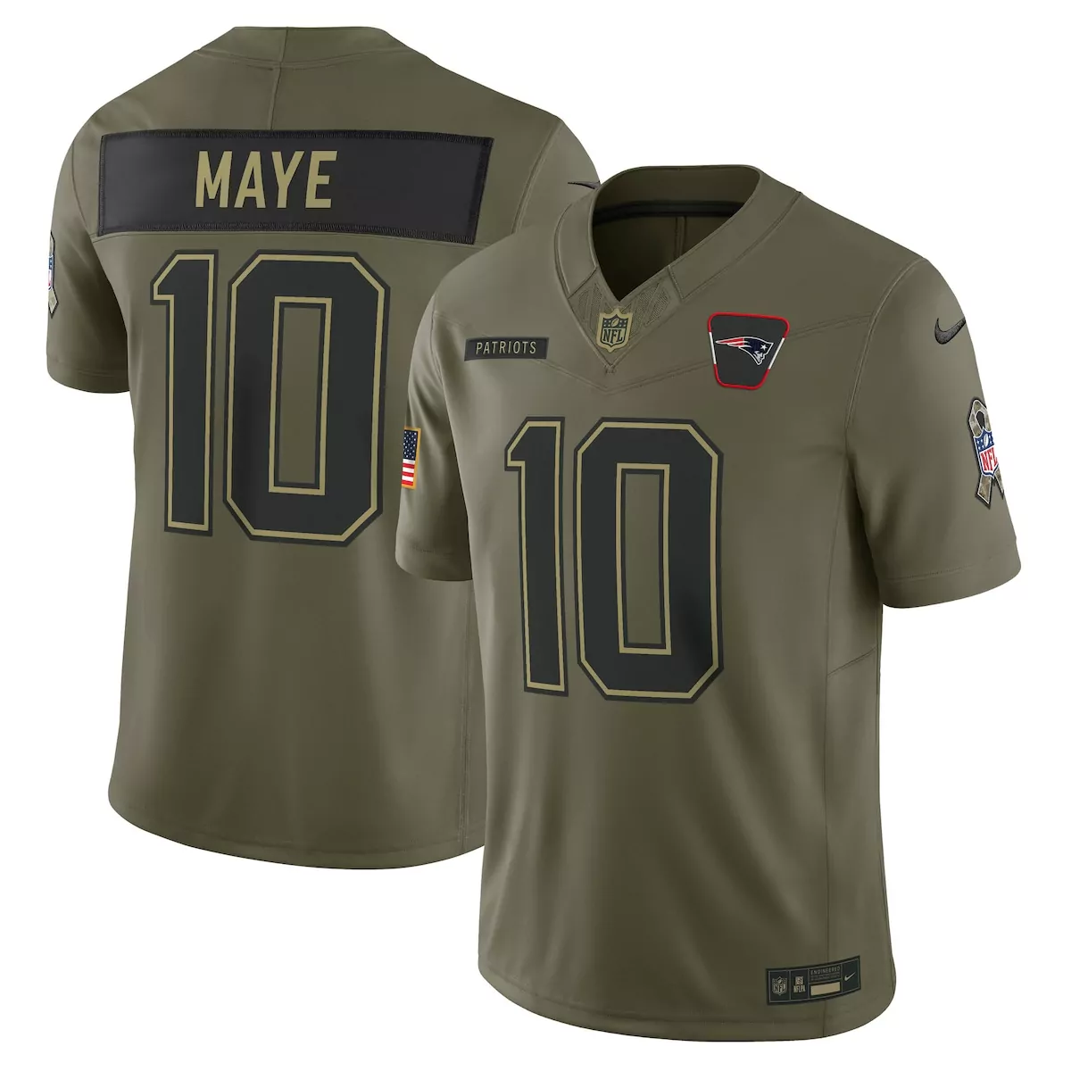 Drake Maye 10 Jersey Olive Green Salute To Service New England Patriots Us Flag Wounded Warrior Project