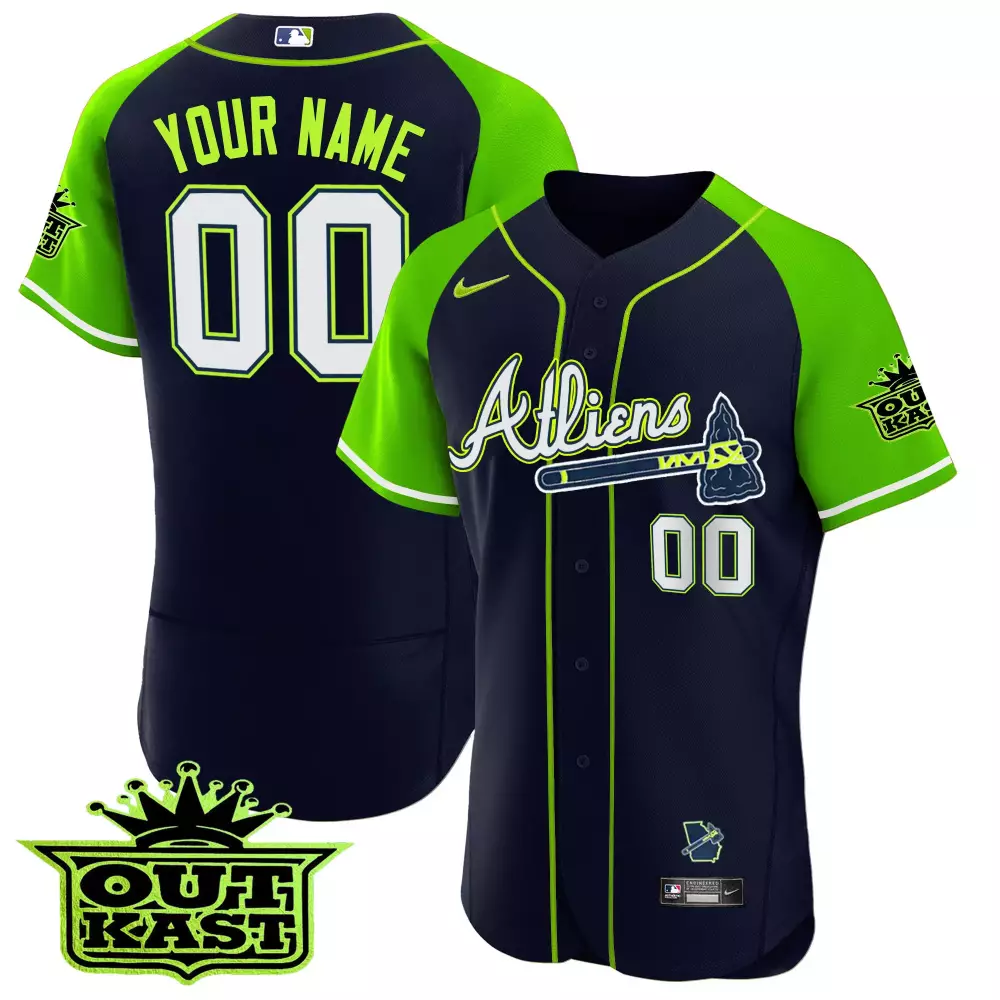 Custom Atlanta Braves Jersey Navy Outkast Men Authentic Alternate Lime Green White