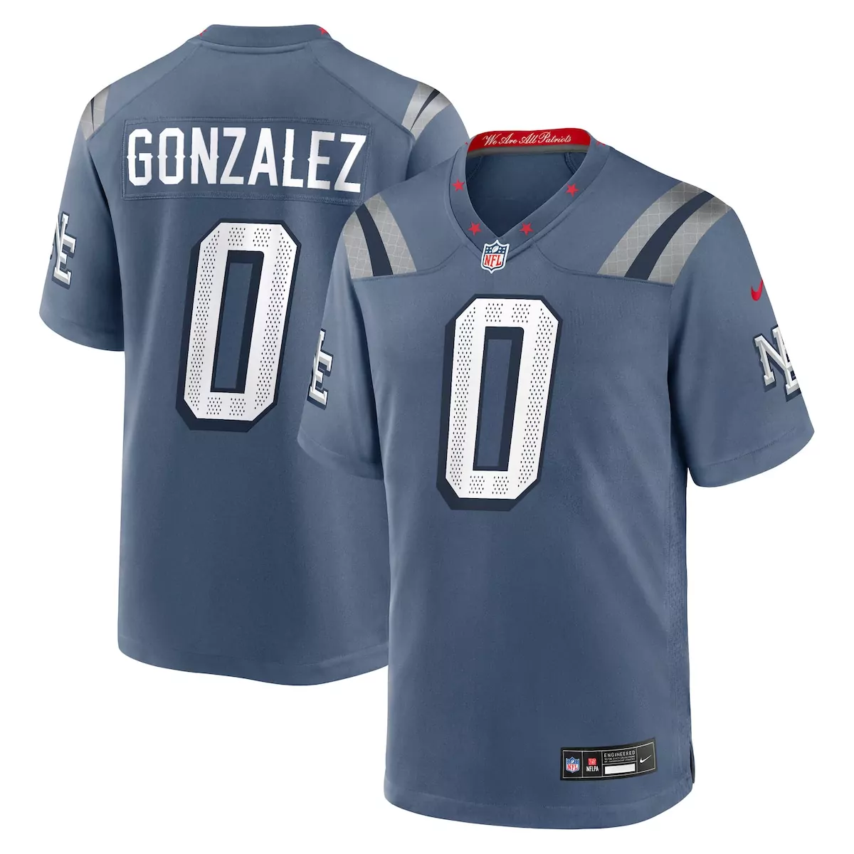 Christian Gonzalez Jersey Blue We Are All Patriots New England Men Limited Alternate