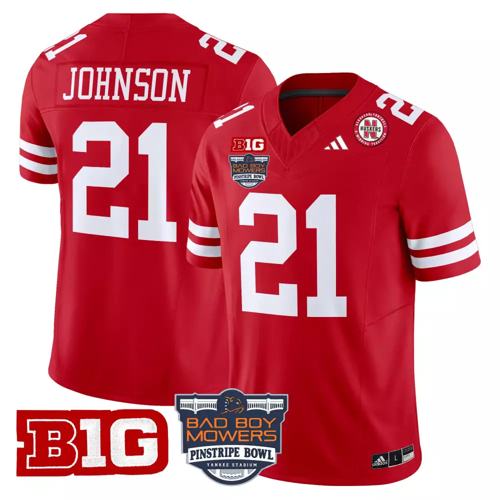 Johnson 21 Nebraska Cornhuskers Jersey Red Pinstripe Bowl Big Ten Men Authentic White