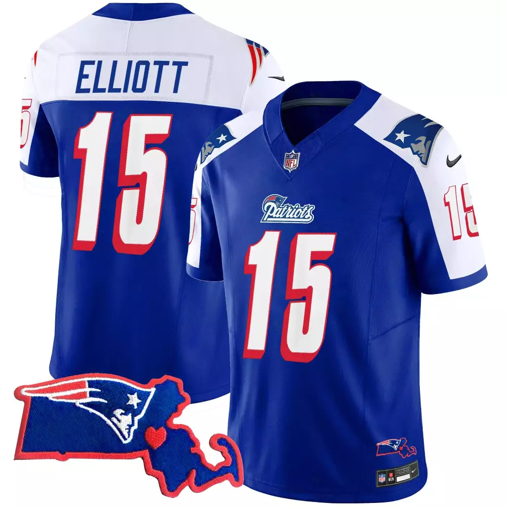 Ezekiel Elliott 15 Jersey Blue City Connect New England Patriots Massachusetts Shape Heart