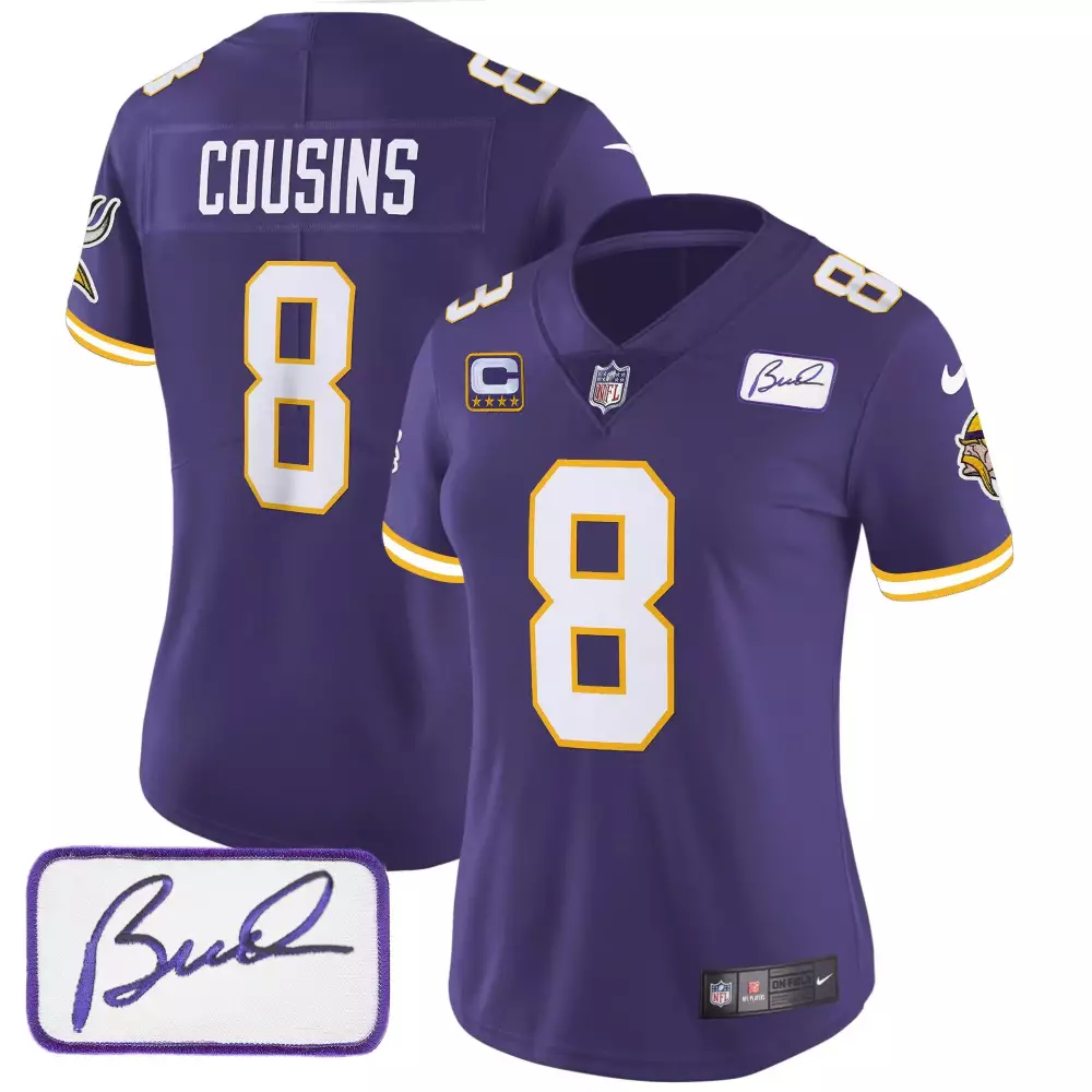 Kirk Cousins 8 Minnesota Vikings Jersey Purple Bud Grant Signature Women Stitched