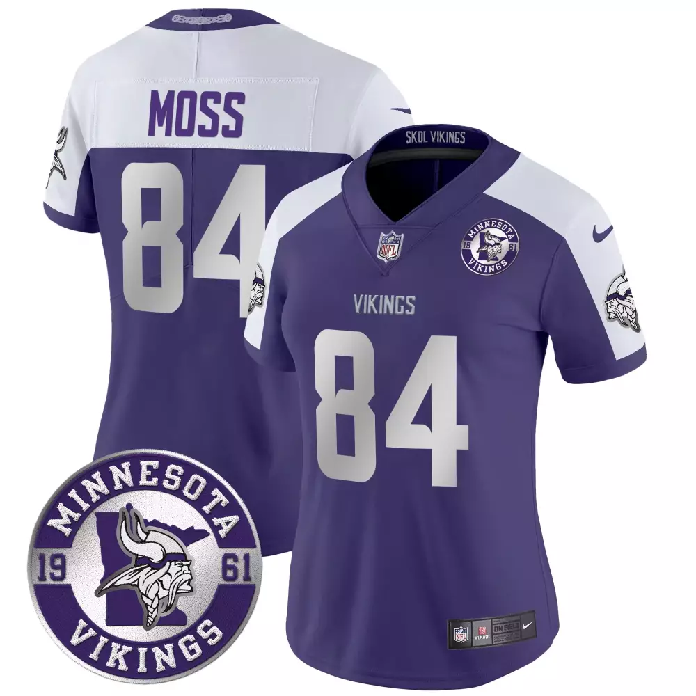 Randy Moss 84 Minnesota Vikings Jersey Purple Women Stitched White Alternate Vapor