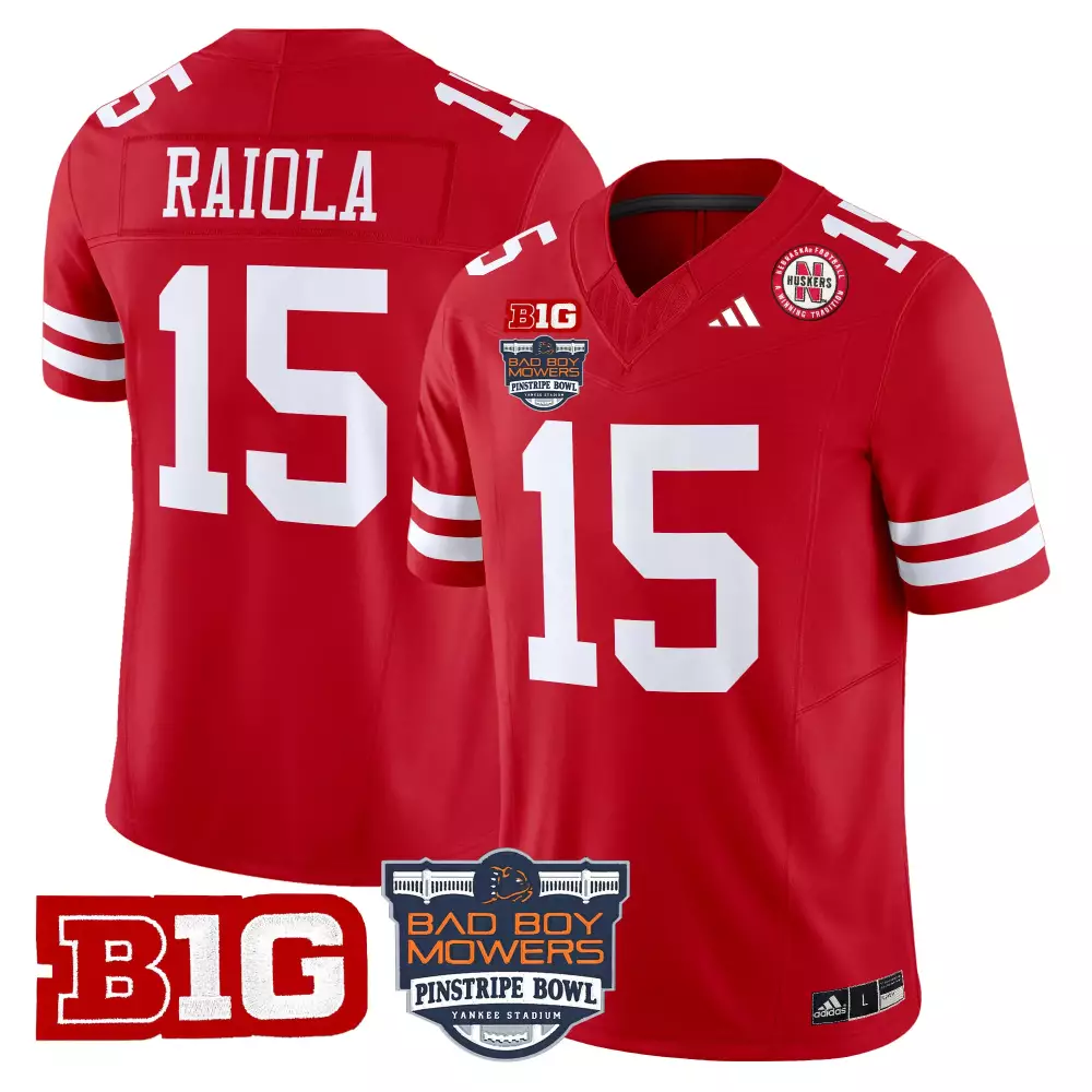 Dylan Raiola 15 Jersey Red Pinstripe Bowl Nebraska Cornhuskers Big Ten Yankee Stadium