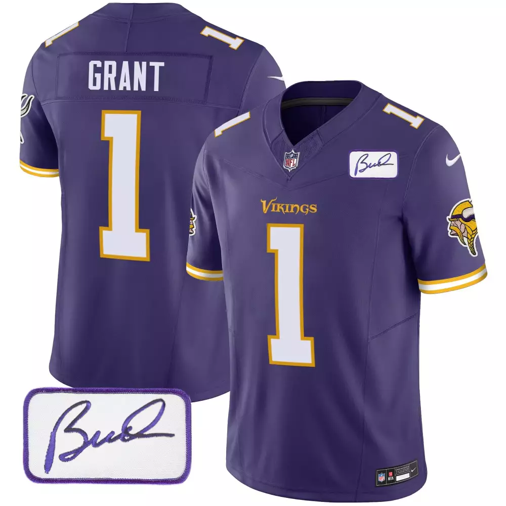 Bud Grant 1 Minnesota Vikings Jersey Purple Men Authentic White Yellow Classic Limited