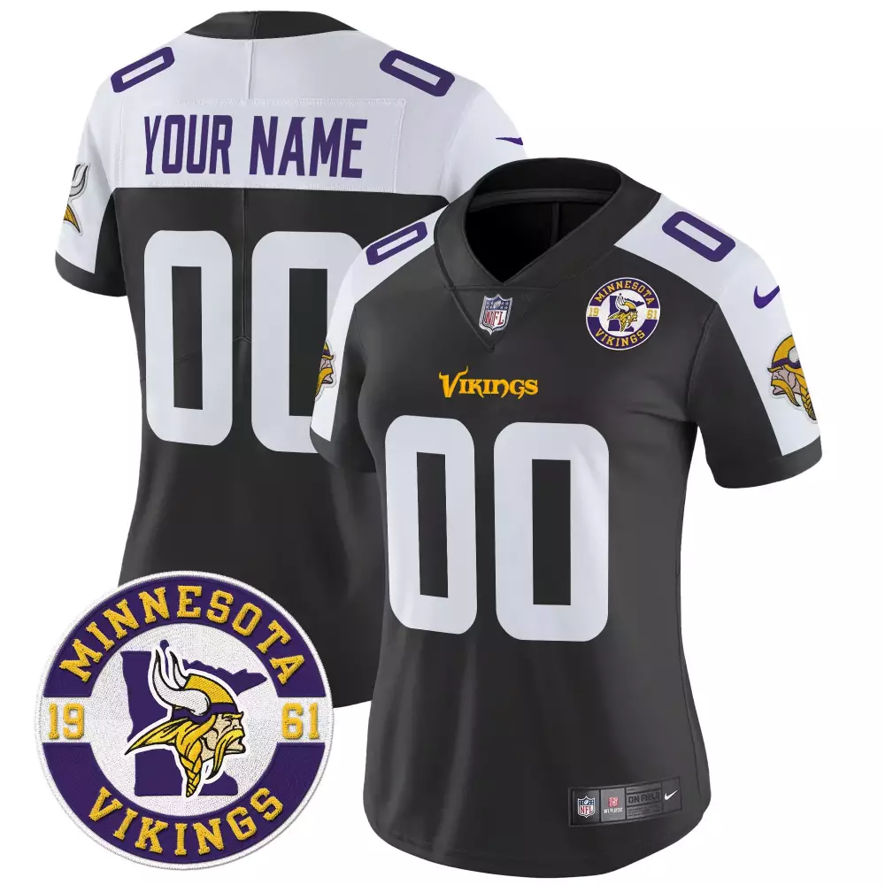 Custom Minnesota Vikings Jersey Black Gothic 1961 Women Stitched Alternate White