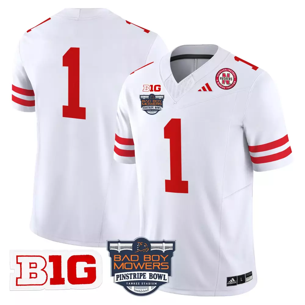 Custom Nebraska Cornhuskers 1 Jersey White Bad Boy Mowers Pinstripe Bowl Big Ten