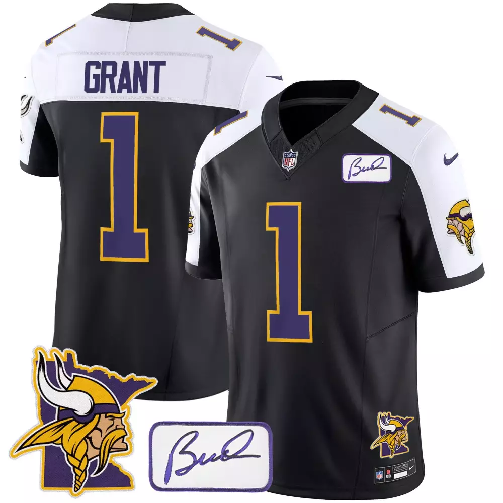 Bud Grant 1 Minnesota Vikings Jersey Black Men Authentic Alternate White Purple Yellow