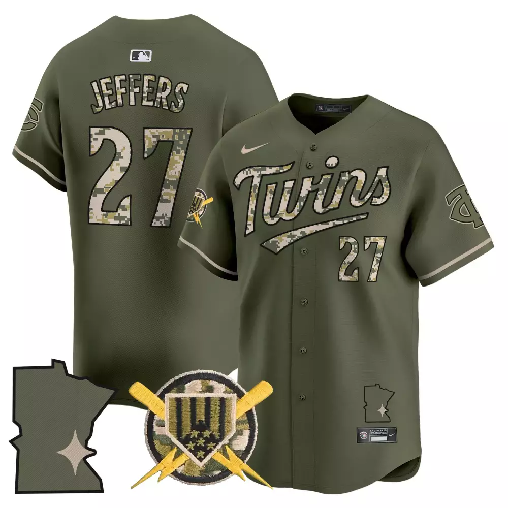 Jeffers 27 Minnesota Twins Jersey Olive Green Armed Forces State Outline Men Authentic
