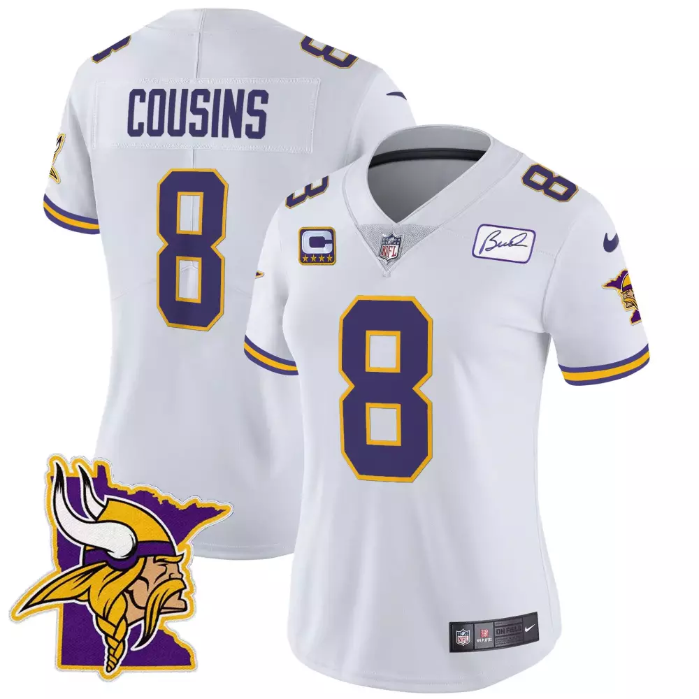 Kirk Cousins 8 Minnesota Vikings Jersey White Captain Autograph Women Limited Alternate