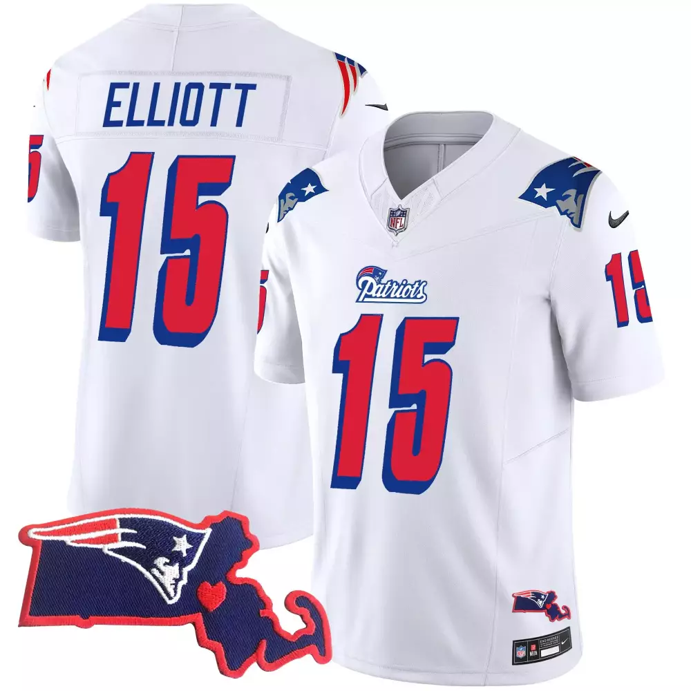 Ezekiel Elliott 15 Jersey White City Connect New England Patriots Massachusetts Shape