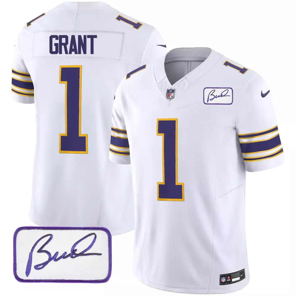 Bud Grant 1 Minnesota Vikings Jersey White Signature Men Authentic Alternate Purple