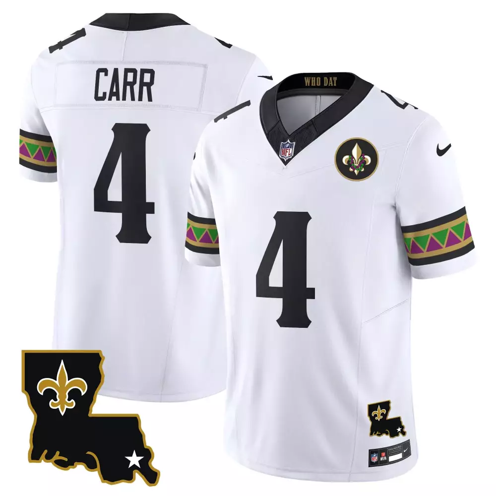 Derek Carr 4 New Orleans Saints Jersey White Mardi Gras Men Stitched Alternate Custom Design