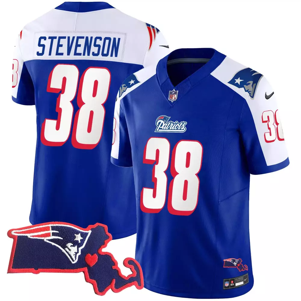 Rhamondre Stevenson 38 Jersey Blue Massachusetts New England Patriots State Outline Heart