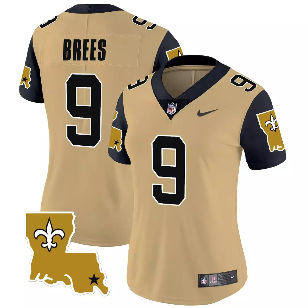 Drew Brees 9 New Orleans Saints Jersey Gold Gothic Sin City Women Stitched Alternate