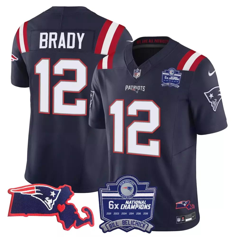Brady 12 New England Patriots Jersey Navy Blue Bill Belichick 6x Champions Massachusetts State