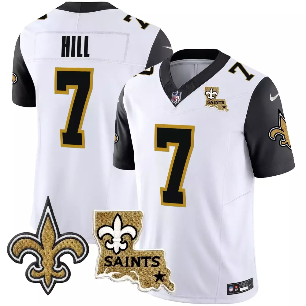 Taysom Hill 7 New Orleans Saints Jersey White Gothic Fleur-de-lis Louisiana Outline