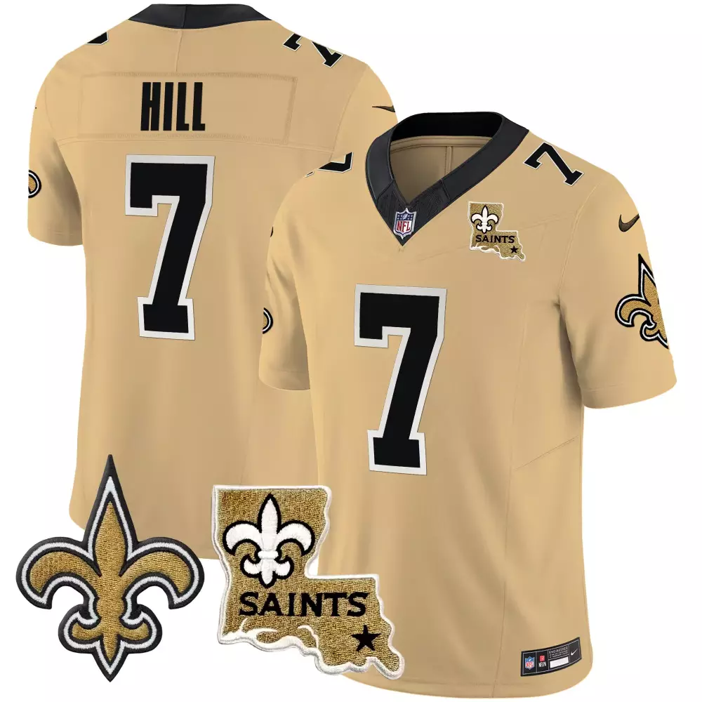 Taysom Hill 7 New Orleans Saints Jersey Gold Gothic Sin City Louisiana State Outline "saints" Fleur-de-lis