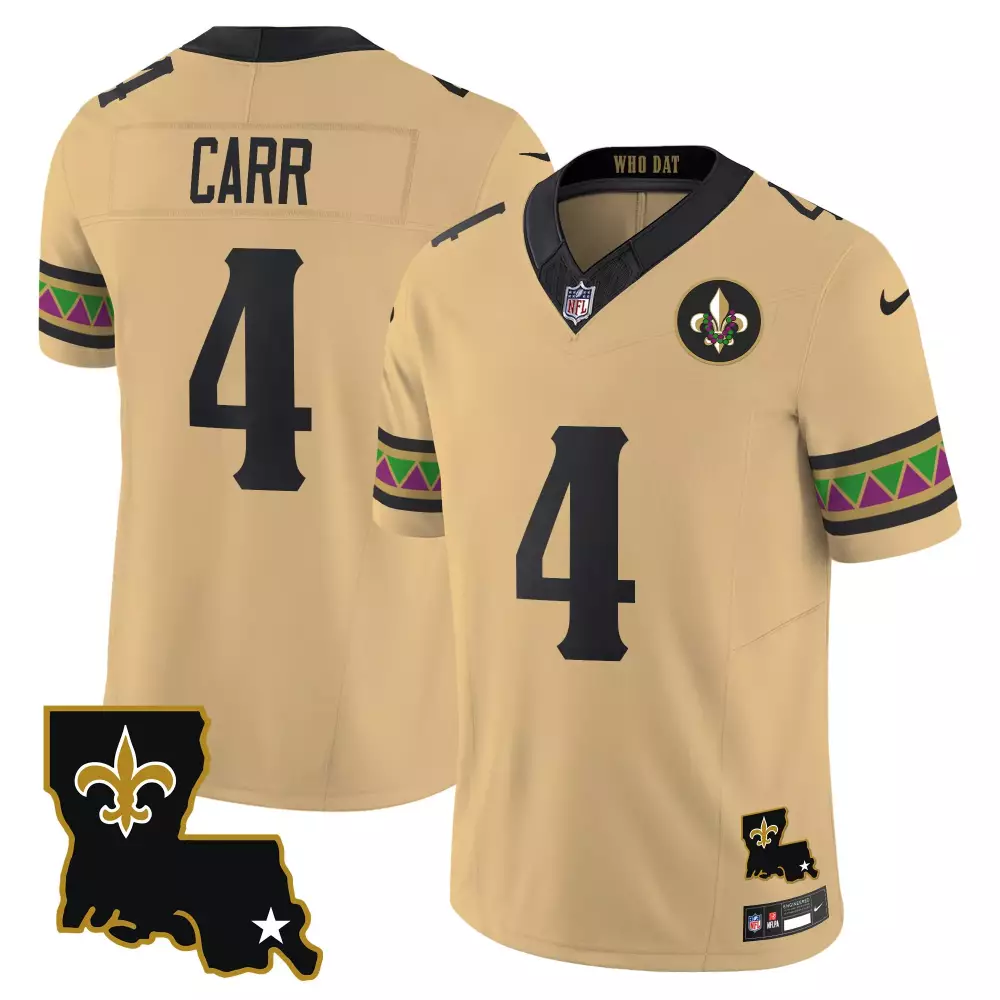 Derek Carr 4 New Orleans Saints Jersey Tan Mardi Gras Men Authentic Alternate Custom Design