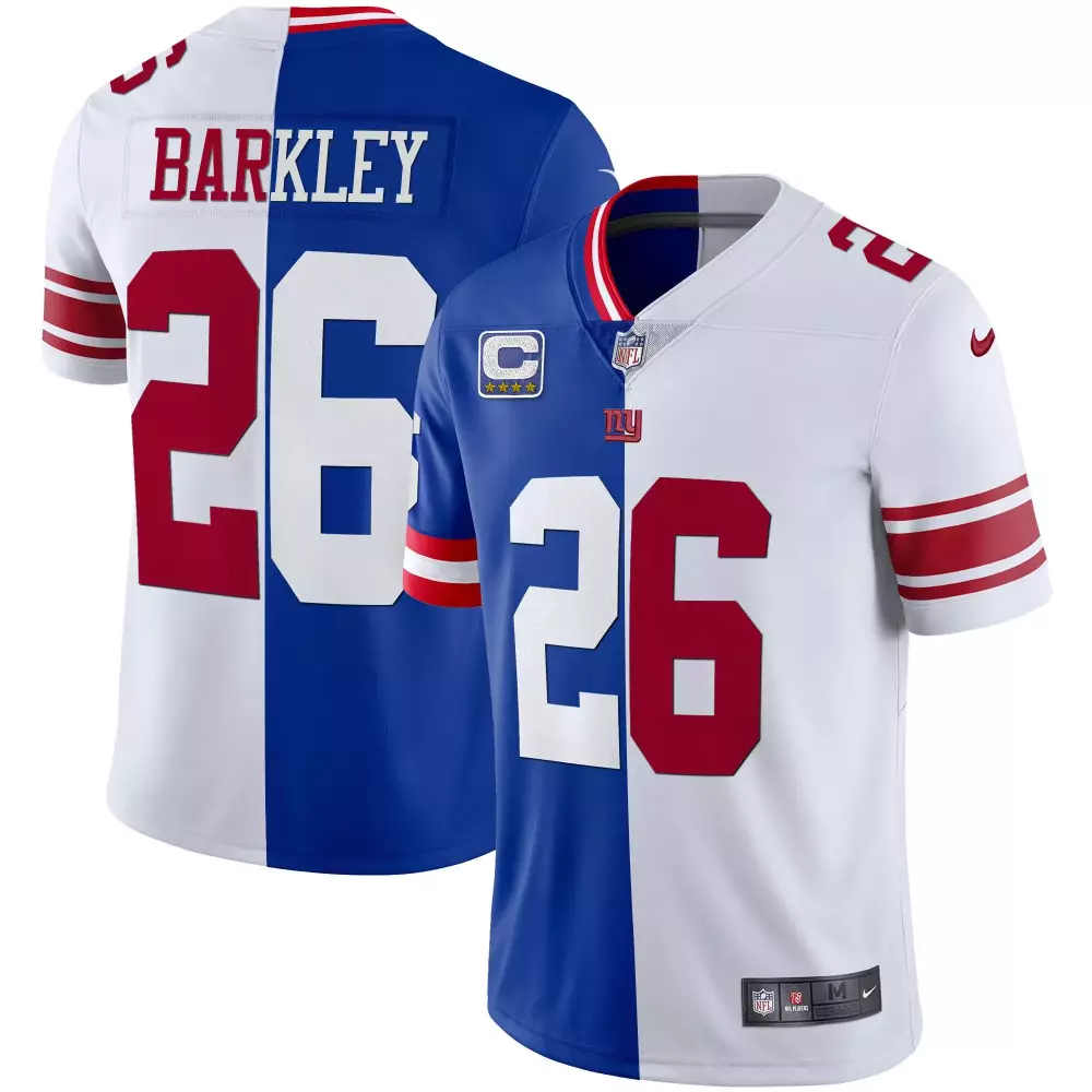 Saquon Barkley 26 New York Giants Jersey Blue Split Men Authentic Design White Red