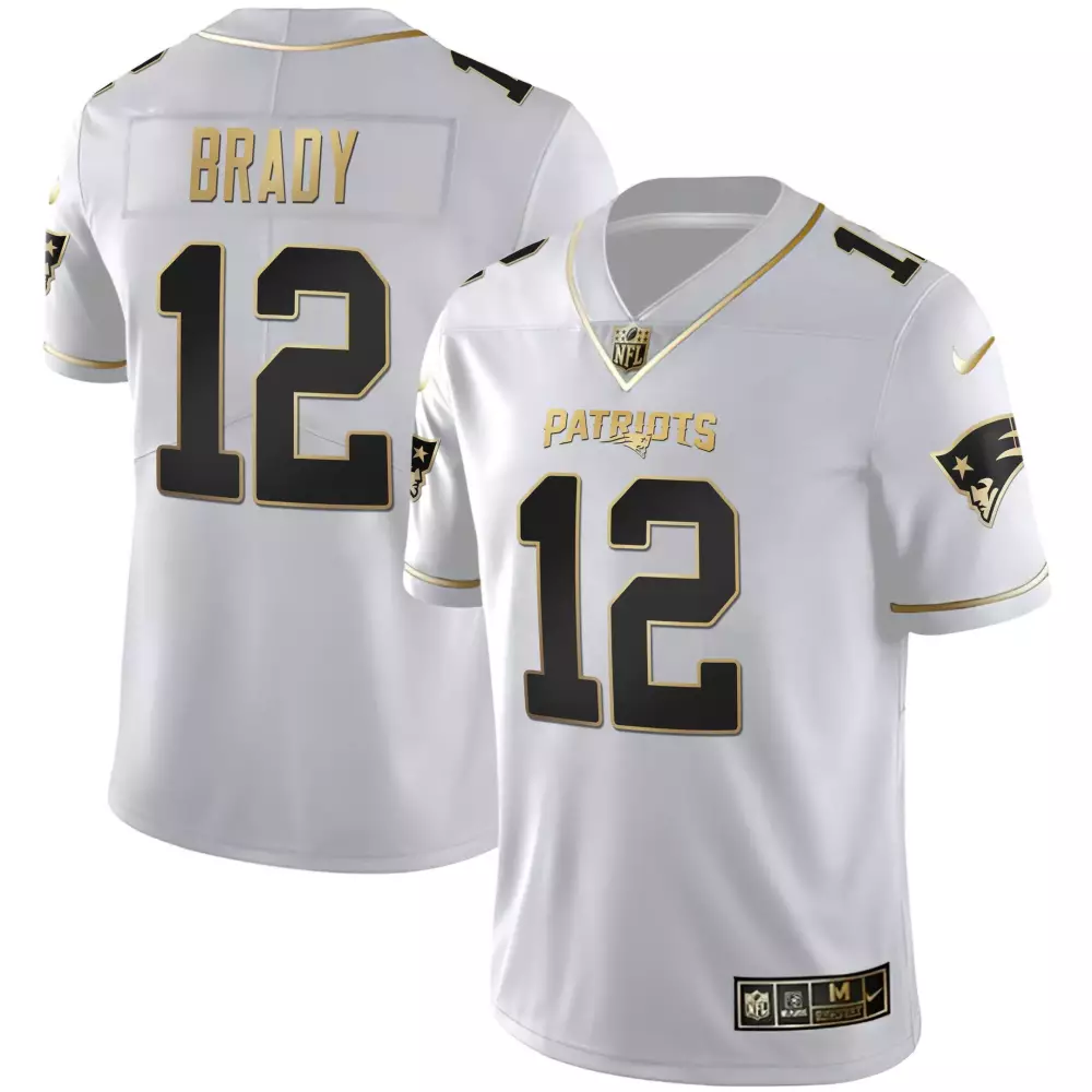 Tom Brady 12 New England Patriots Jersey White Men Stitched Alternate Black Gold