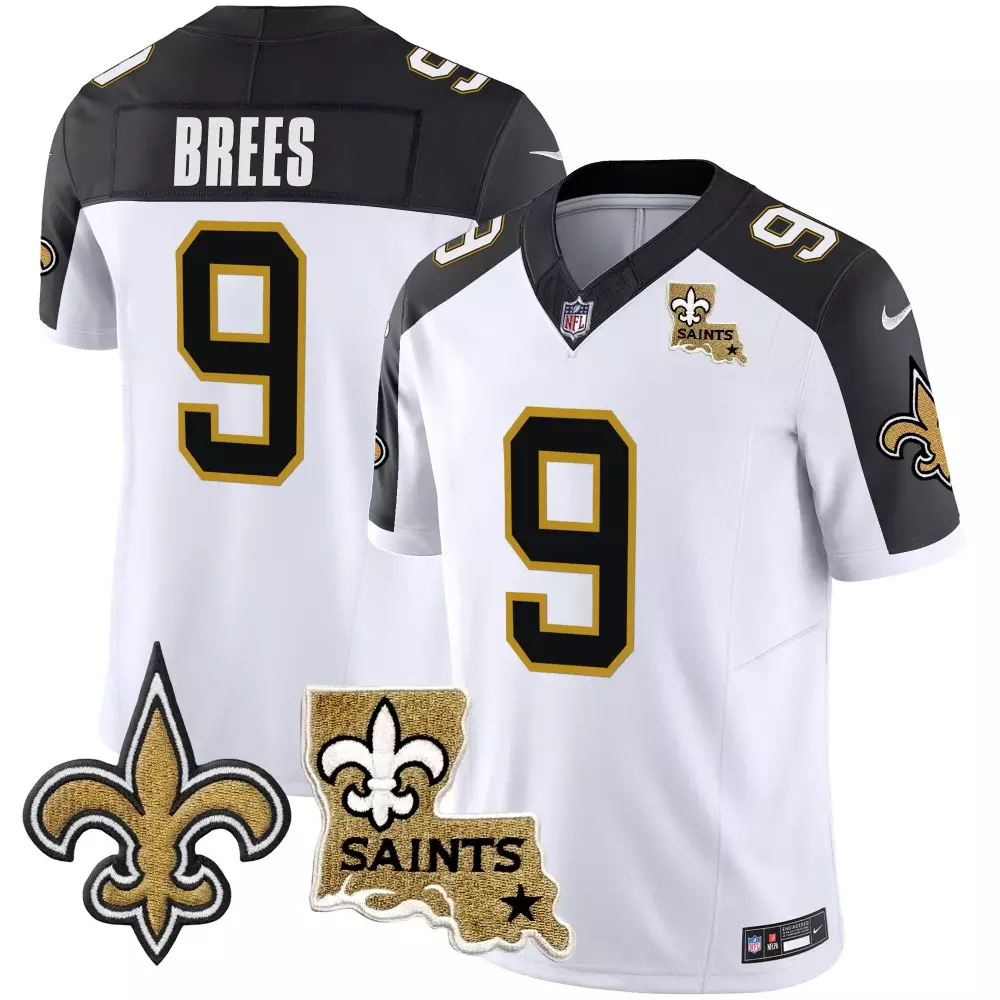 Drew Brees 9 New Orleans Saints Jersey White Louisiana Fleur-de-lis State Outline