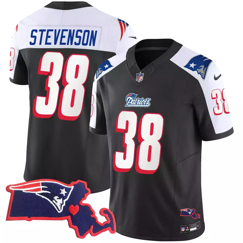 Rhamondre Stevenson 38 Jersey Black Gothic Sin City New England Patriots Massachusetts State Outline Heart