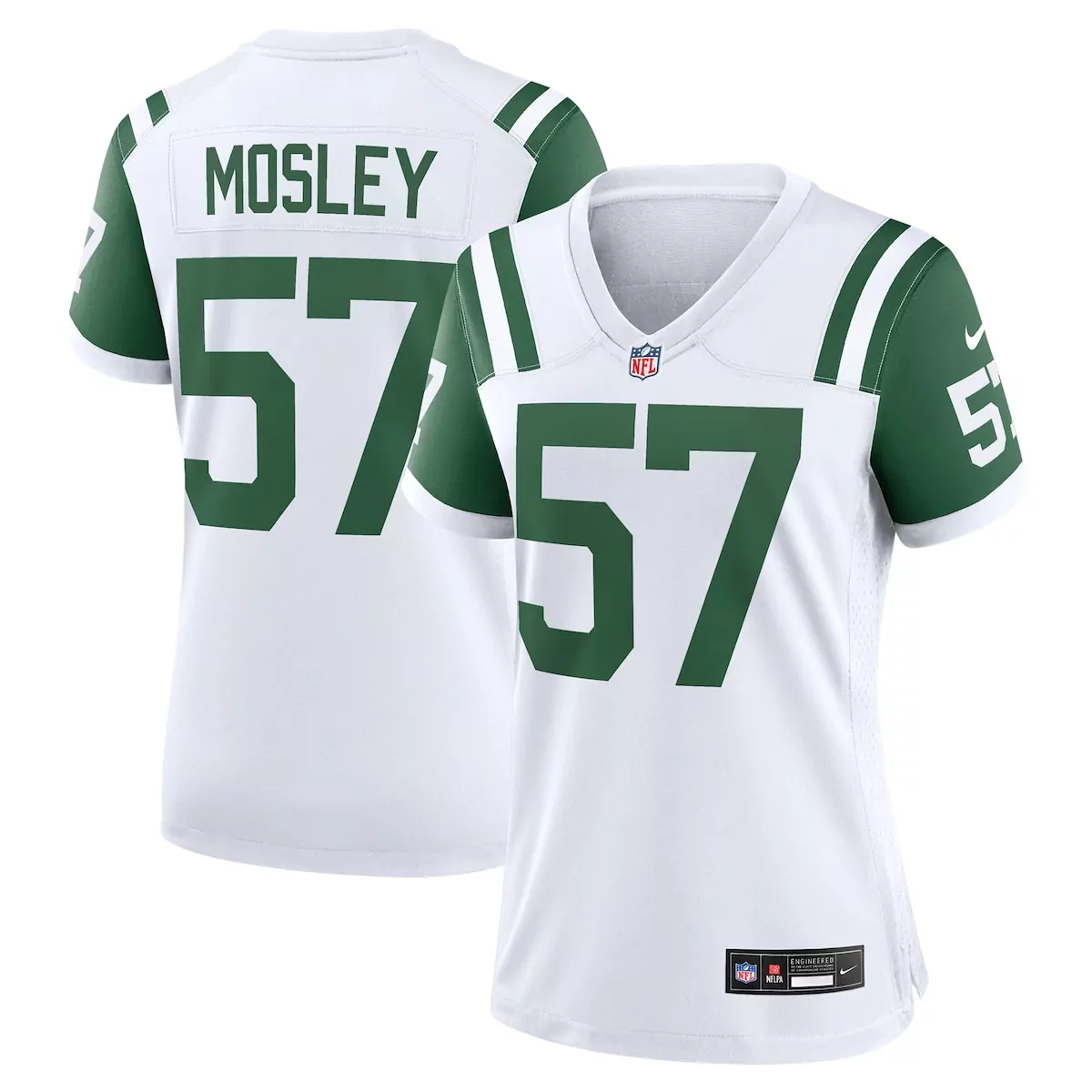 Mosley 57 New York Jets Jersey White Women Stitched Green Classic Alternate Game