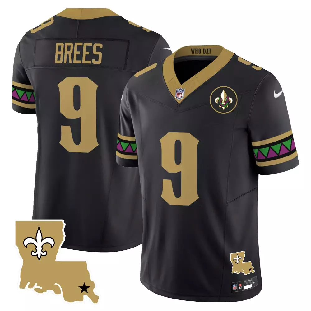 Drew Brees 9 New Orleans Saints Jersey Black Mardi Gras Men Stitched Alternate Custom Design