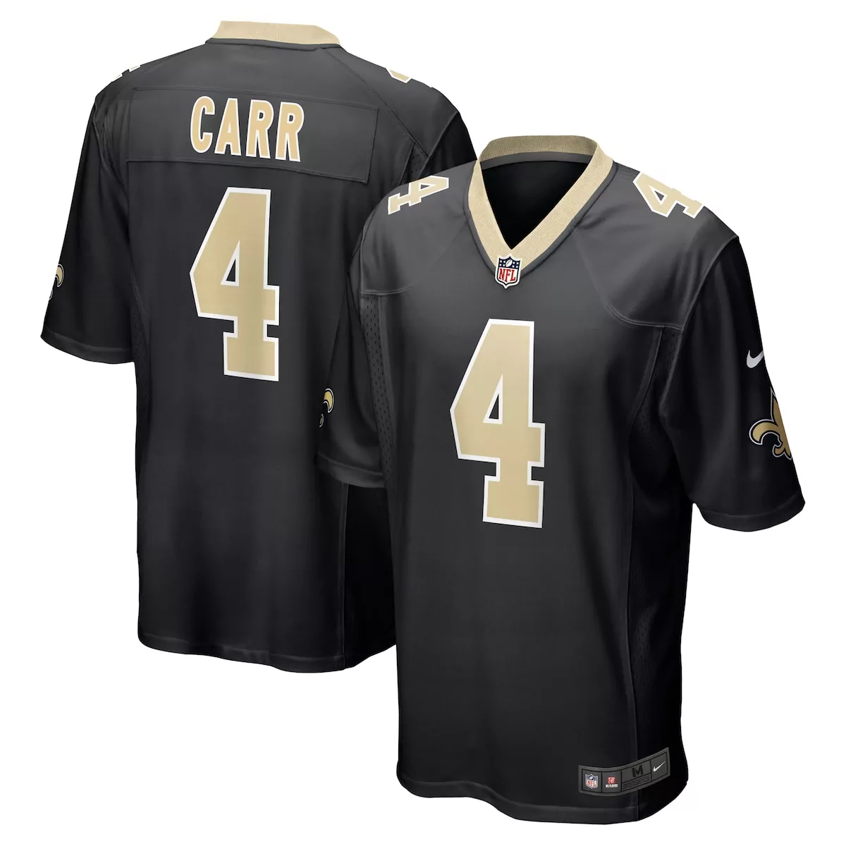 Derek Carr 4 New Orleans Saints Jersey Black Men Authentic Gold Game