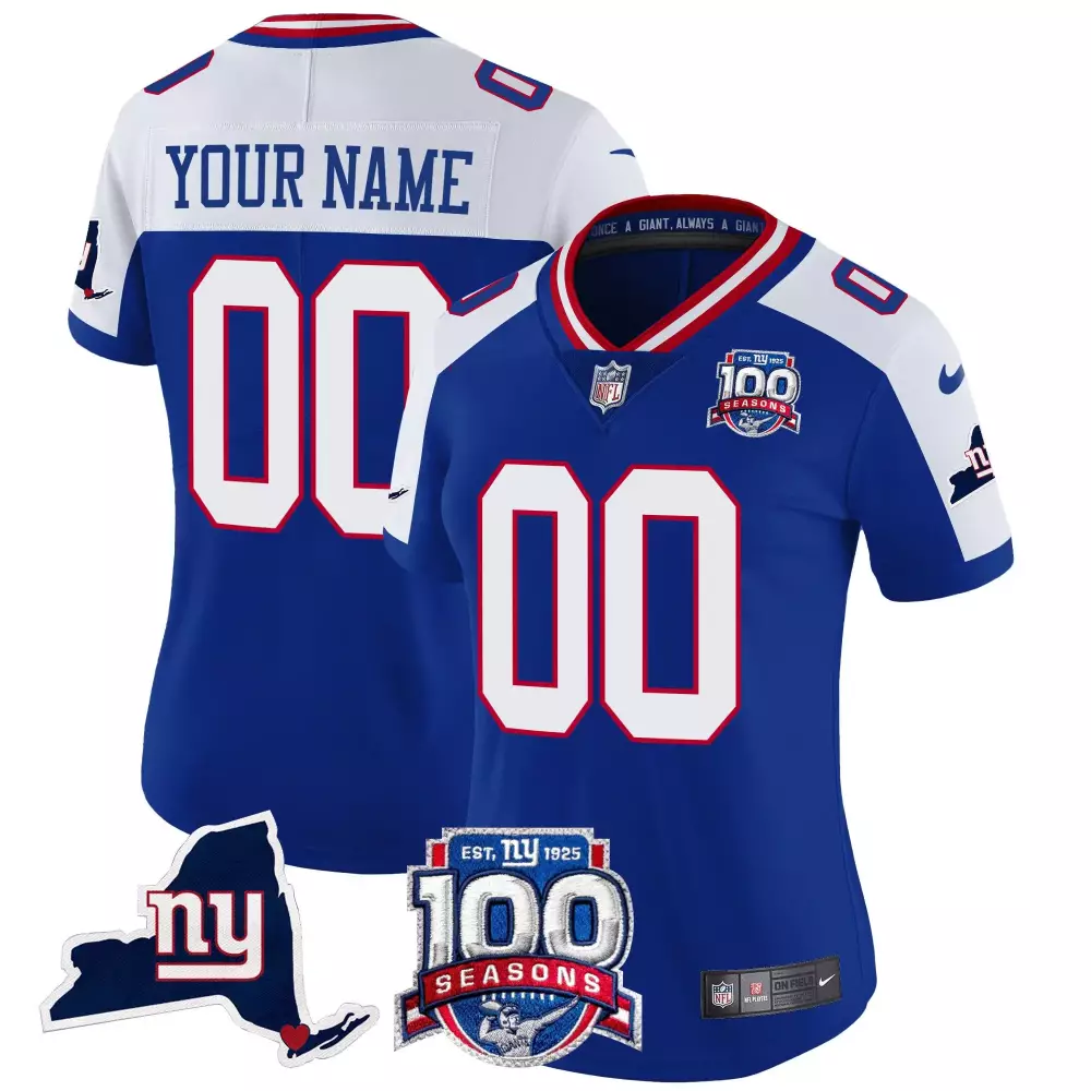 Custom New York Giants Jersey Royal Blue 100 Seasons Women Stitched White Red Alternate
