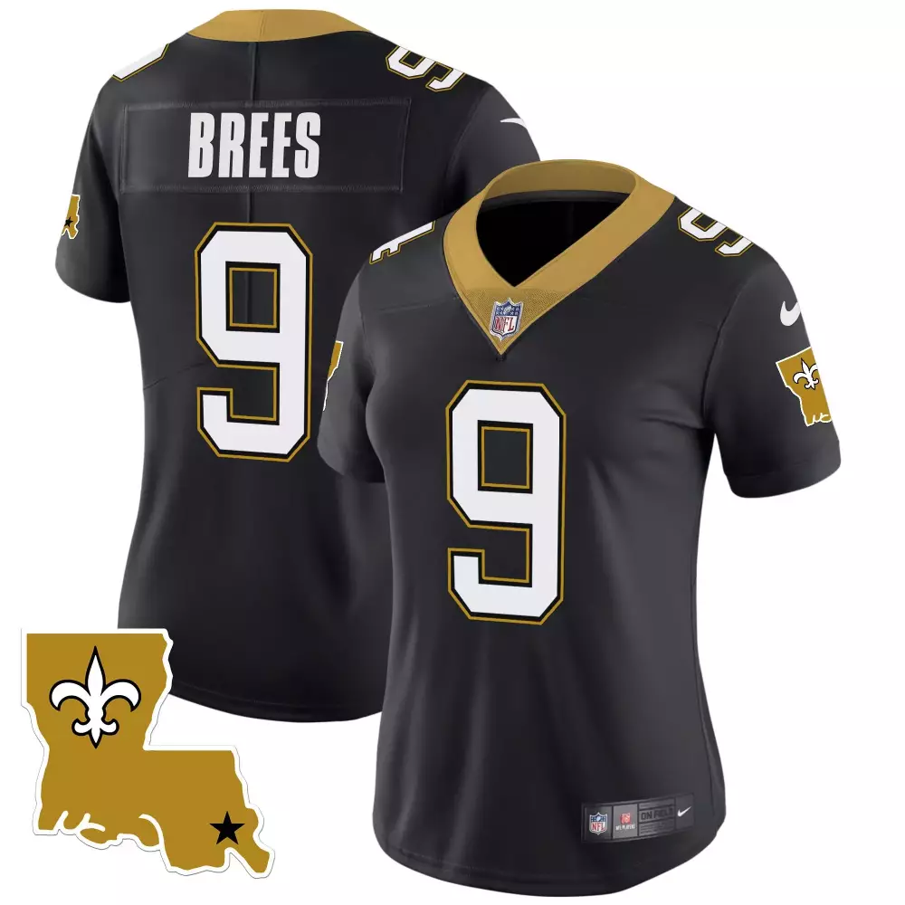 Drew Brees 9 New Orleans Saints Jersey Black Women Authentic Gold White Legacy Vapor