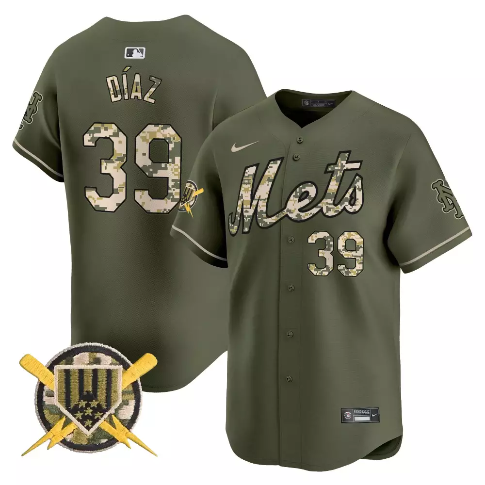 Edwin Diaz 39 New York Mets Jersey Olive Green Salute To Service Military Camouflage Crossed Bats